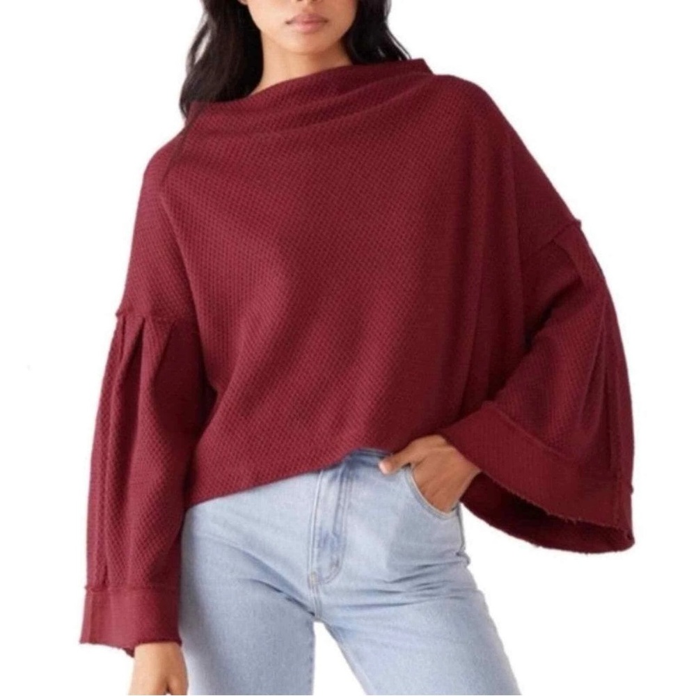 Free People Queen Pomegranate Boatneck Wide Sleeve Waffle Knit Top in Size